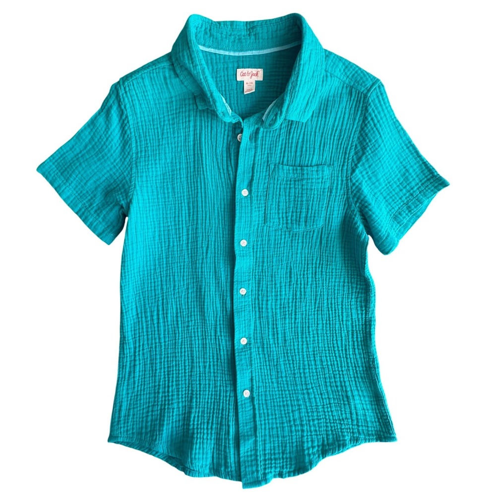 Cat & Jack Boys Teal Blue Double Gauze Cotton Short Sleeve Button  Shirt XL 14